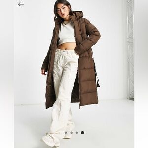 Threadbare Addison maxi belted puffer coat in chocolate brown